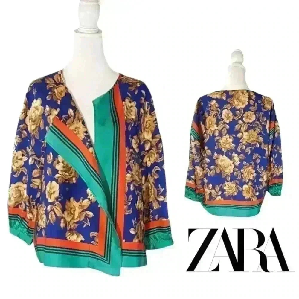 ZARA- Floral Satin Blouse 3/4 sleeves V neck Sz S - NWOT